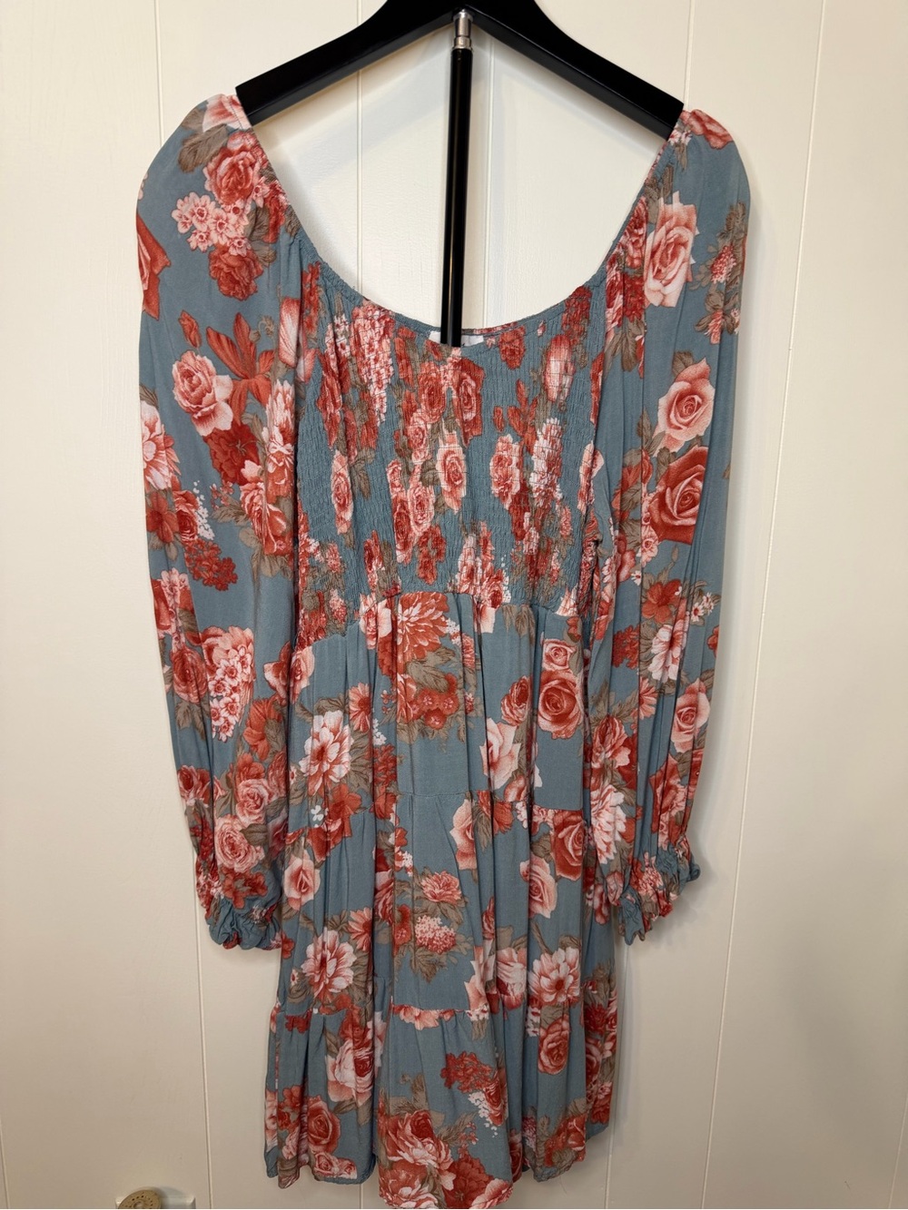 Floral Smocked Mini Dress in Dusty Blue and Rose
